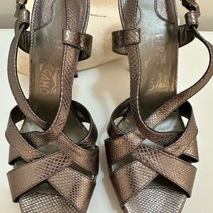 Salvatore Ferragamo Metallic Bronze Snakeskin Embossed Leather Strappy Heels